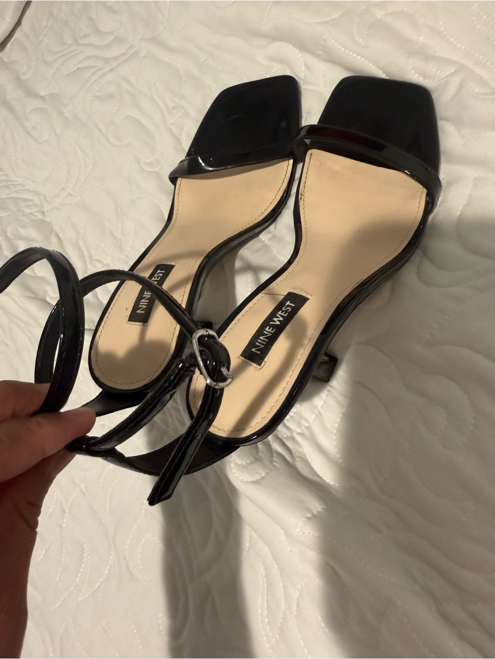Nine West Black Patent Square-Toe Ankle-Strap Heels